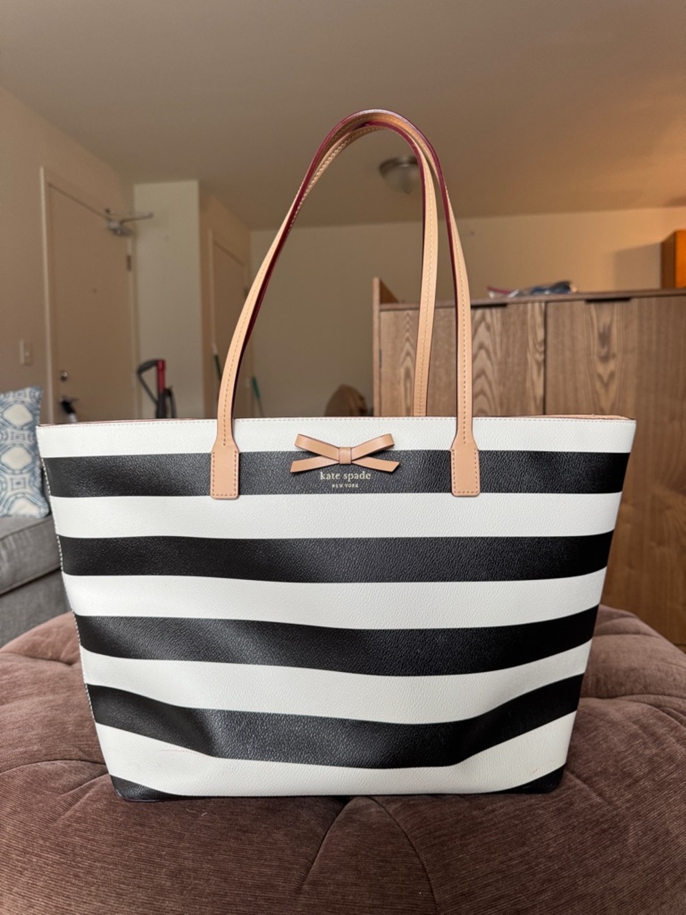 kate spade Black and White Striped Tote with Tan Bow Trim